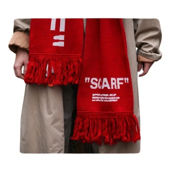 Off-White Wool Red and White Fringed Tassel Scarf Intarsia-knit Extra Long Scarf - Picture 6 of 8